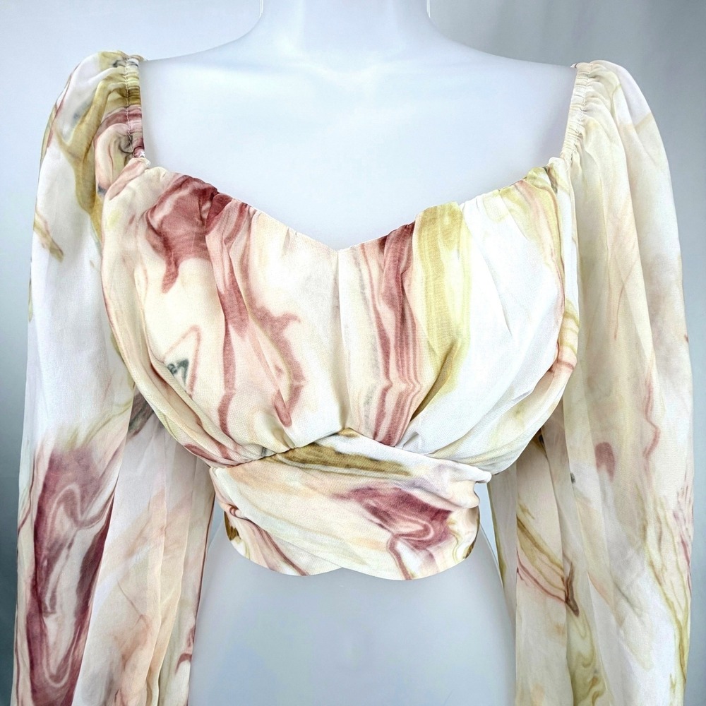 Peach Marble‎ Print Sweetheart Crop Top Balloon Sleeve Tie Back Women's M
